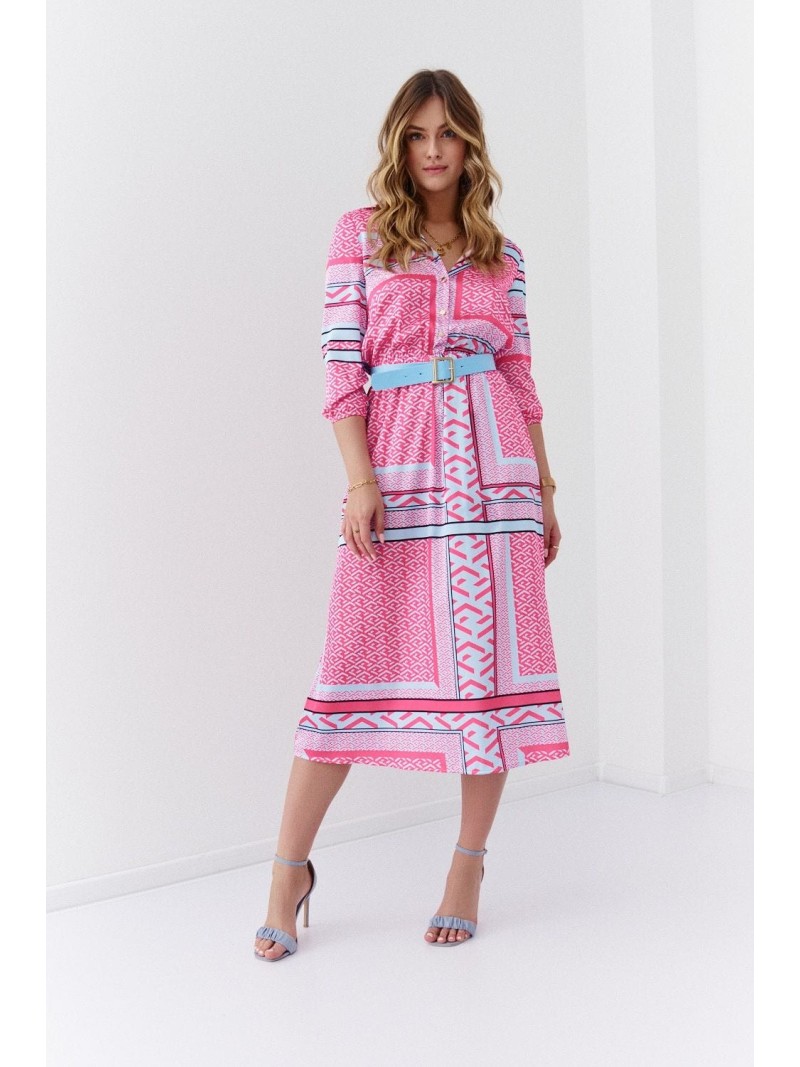 Shirt dress with a belt, pink and blue 03028 - Online store - Boutique